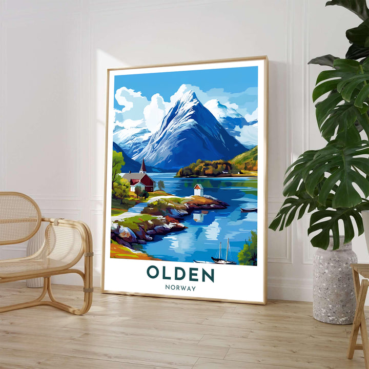 Illustrative landscape print depicting the waterfront village of Olden in Norway with a traditional church spire nestled beside Nordfjord lake waters. Offered by MapYourDreams, this Scandinavian decor piece comes in versatile choices including archival paper prints, solid wood frames, and gallery canvas wraps.