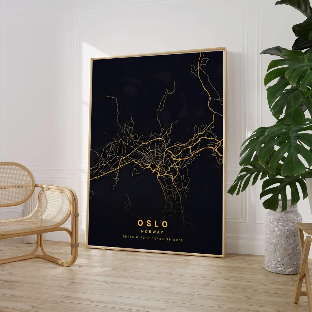 Minimalist urban street map artwork of Oslo Norway rendered in glowing gold lines on a dark black background with geographic coordinates. Available through MapYourDreams, this Scandinavian decor piece is supplied in versatile forms such as archival paper prints, custom wooden frames, and canvas wraps.