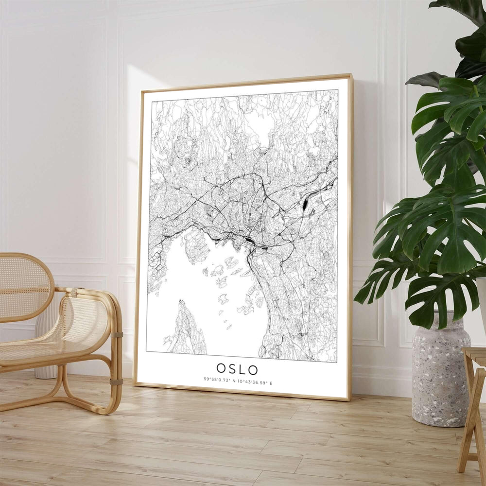 Clean monochrome city map artwork of Oslo Norway rendered in crisp black lines on a white background depicting urban thoroughfares. Available through MapYourDreams, this home decor piece is supplied in versatile forms such as archival paper prints, custom wooden frames, and gallery canvas wraps.