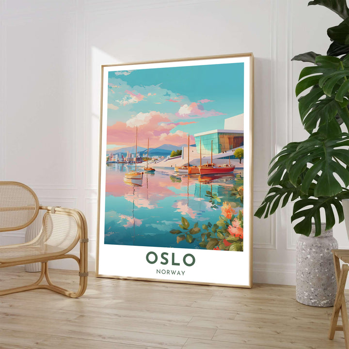 Modern architectural artwork of the Oslo Opera House in Norway rendered in soft pastel sky hues along the peaceful ocean coast. Available through MapYourDreams, this home decor piece is supplied in versatile forms such as archival paper prints, custom wooden frames, and gallery canvas wraps.