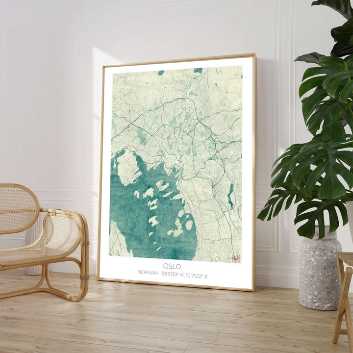 Teal ocean cartography artwork of Oslo Norway rendered in an antique vintage map style with delicate grey road vector lines. Available through MapYourDreams, this home decor piece is supplied in versatile forms such as archival paper prints, custom wooden frames, and gallery canvas wraps.