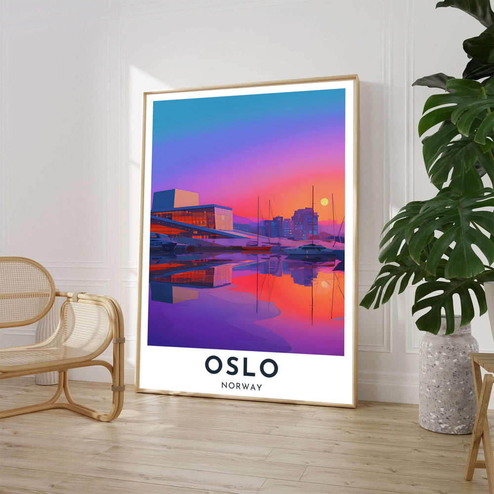 Glowing twilight illustration of the modern Oslo Opera House along the waterfront harbor with docked luxury yachts and vivid water mirror reflections in Norway. Available through MapYourDreams, this home decor piece is supplied in flexible formats such as archival paper prints, custom wooden frames, and gallery canvas wraps.