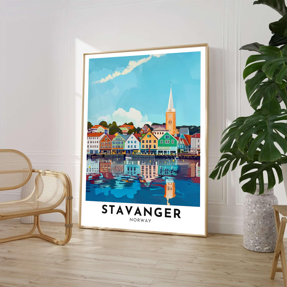 Sunny maritime illustration showcasing the Stavanger harbor waterfront in Norway with vibrant red, yellow, and green timber houses and a rising church spire. Available through MapYourDreams, this home decor piece is supplied in versatile forms such as archival paper prints, custom wooden frames, and gallery canvas wraps.