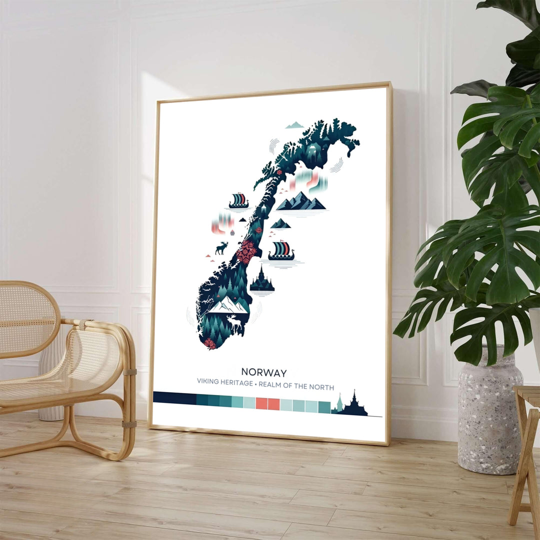 Illustrated Scandinavian map poster showing the geographic silhouette of Norway filled with dark teal pine forests, wildlife icons, and Viking longships. Available through MapYourDreams, this home decor piece is supplied in versatile forms such as archival paper prints, custom wooden frames, and gallery canvas wraps.