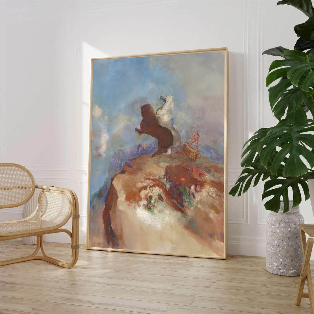 Symbolist mythological poster of Odilon Redon Apollo In His Chariot 1905 from the Rijksmuseum Amsterdam collection featuring a blue pastel sky. Choose an unframed paper option, a gallery stretched canvas wrap, or custom framed wall art directly from MapYourDreams for an artistic accent.