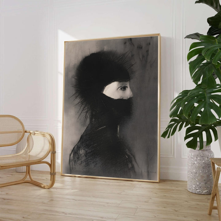 Luminous monochrome portrait display of Odilon Redon Armor 1891 from The Metropolitan Museum of Art in New York highlighting a mysterious visor figure. MapYourDreams supplies custom framed paper options, unframed posters, and gallery stretched canvas art for bedrooms and hallways.