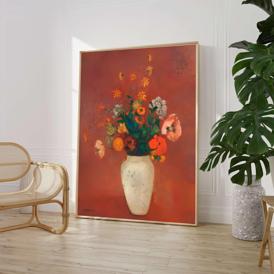 Characterized by vibrant orange, red, and golden blossoms set against a rich rust-red field, Odilon Redon&