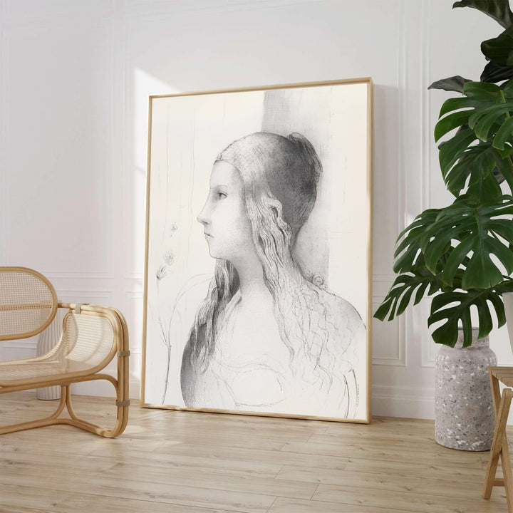 Serene profile drawing of the legendary heroine Brünnhilde created during the 1894 French Symbolism movement by artist Odilon Redon. Crafted for refined home decor, shoppers can choose between lightweight paper sheets, ready-to-hang picture frames, and wrapped canvas presentations.