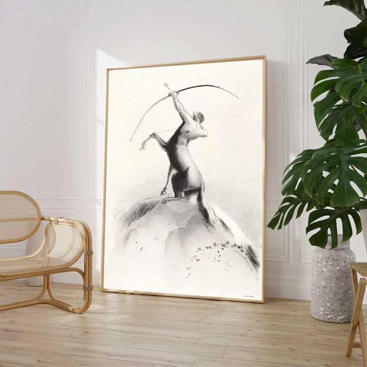 Dramatic profile of a centaur drawing a bow skyward from Odilon Redon’s 1895 artwork Centaur Aiming At The Clouds. Perfect for living room wall art decor, MapYourDreams makes this piece available in flexible setups including unframed fine art paper, ready-to-hang picture frames, and stretched canvas options.