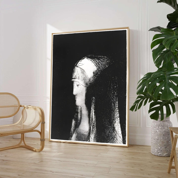 Side profile view of a mystical druid priestess in deep black chiaroscuro shading from Odilon Redon’s Druidesse 1891 artwork. Perfect for moody home decor, MapYourDreams supplies this piece across versatile setups including loose paper prints, pre-framed art, and stretched canvas.