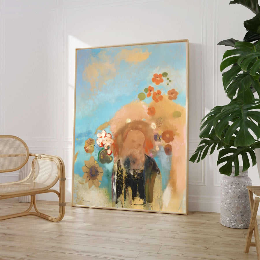 Ethereal portrait surrounded by sunflowers and coral blossoms in pastel hues from Odilon Redon’s Evocation Of Roussel 1912 artwork. Perfect for uplifting home decor, MapYourDreams supplies this piece across versatile setups including loose paper prints, pre-framed art, and stretched canvas.
