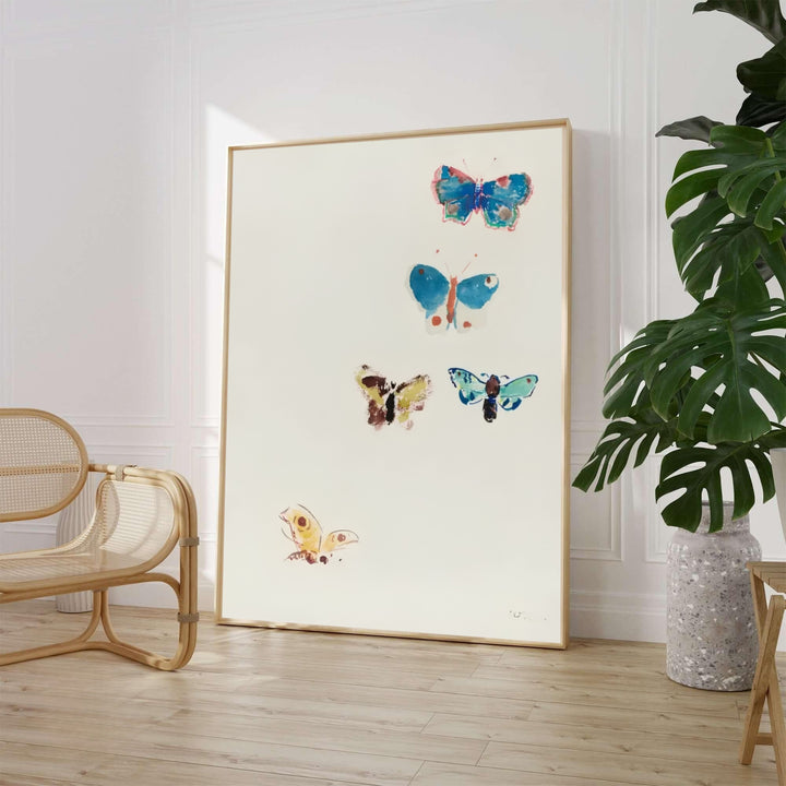 Minimalist composition of five floating butterflies in blue, turquoise, and ochre hues from Odilon Redon’s 1910 Papillons artwork. Perfect for peaceful home decor, MapYourDreams supplies this piece across versatile setups including loose paper prints, pre-framed art, and stretched gallery canvas.