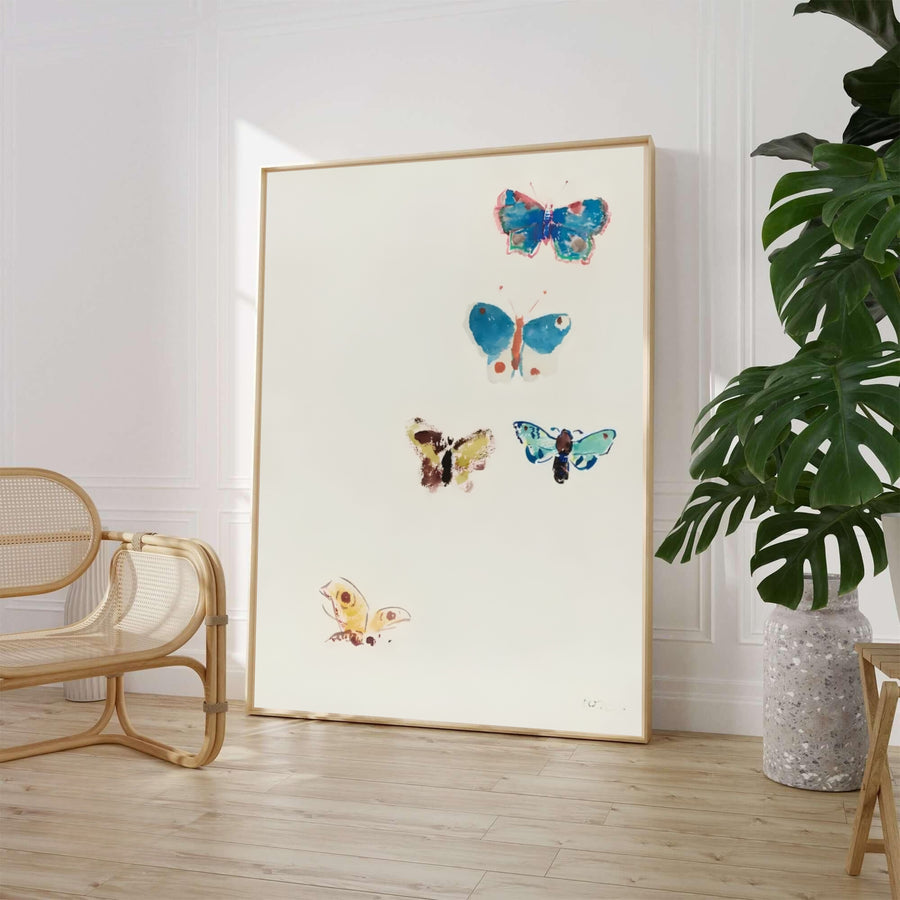 Minimalist composition of five floating butterflies in blue, turquoise, and ochre hues from Odilon Redon’s 1910 Papillons artwork. Perfect for peaceful home decor, MapYourDreams supplies this piece across versatile setups including loose paper prints, pre-framed art, and stretched gallery canvas.