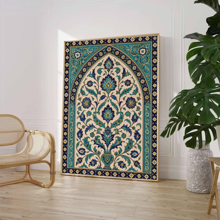 Detailed architectural poster of traditional Turkish Iznik tilework with intricate arabesque borders and turquoise floral patterns. Crafted by MapYourDreams, this artwork is available in flexible options including unframed paper, custom wooden frames, and gallery canvas wraps to suit your wall decor.