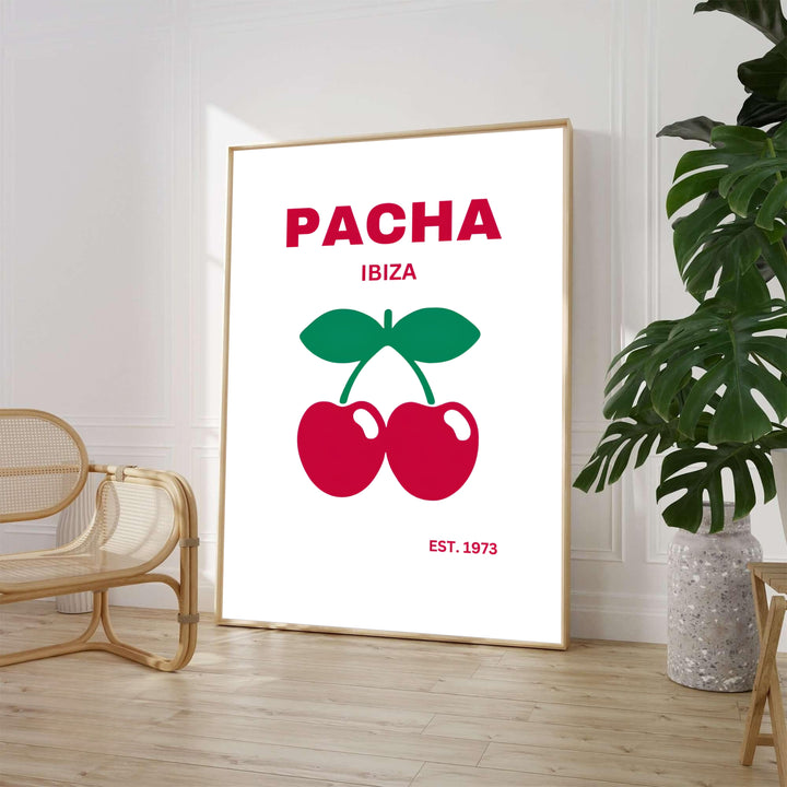 Minimalist red cherries art print displaying clean typography for Pacha in Ibiza, Spain, offered by MapYourDreams with product options including an unframed matte paper poster, ready-to-hang gallery canvas, and custom frame options to enhance contemporary bar cart setups.