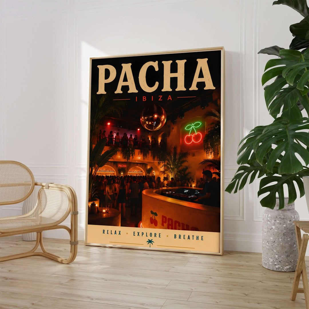 Vintage photography print of the famous Pacha interior with dance floor crowd and warm ambient lights in Ibiza, Spain, available from MapYourDreams with selection options including an unframed matte paper poster, ready-to-hang gallery canvas, and custom frame finishes for bar areas.