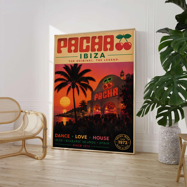Vintage Pacha Ibiza wall art print showcasing the iconic twin cherries logo over the original club entrance with a Mediterranean sea sunset background, available from MapYourDreams as an unframed art print, high-quality gallery canvas, or sleek framed wall decor for home bar styling.