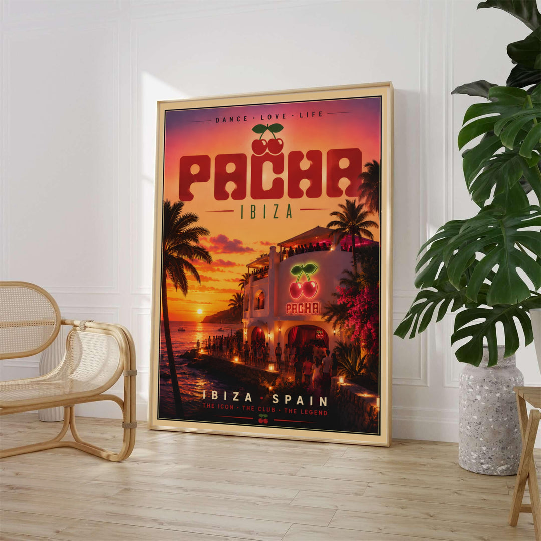 Retro Pacha Ibiza nightclub poster showcasing sunset ocean views, tropical palm trees, and rooftop crowd gathering in Spain, offered by MapYourDreams as an unframed paper print, ready-to-hang gallery canvas wall art, or custom framed decor in black, white, and natural wood frames.