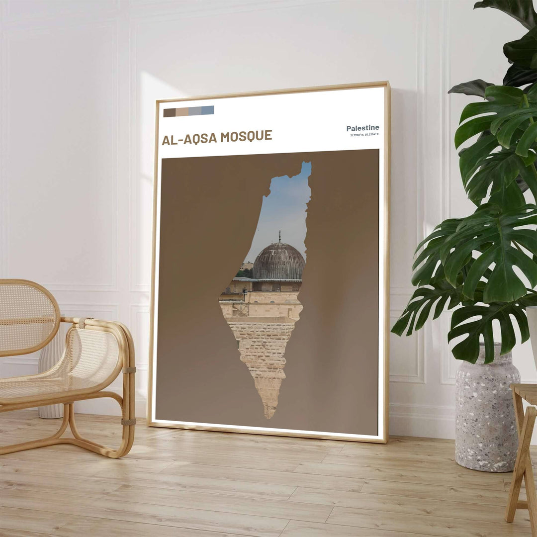 Symbolic travel poster of Al Aqsa Mosque in Al Quds Palestine framed within the map outline of Palestine against a earth tone taupe background. Crafted by MapYourDreams, this artwork is available in flexible options including unframed paper, custom wooden frames, and gallery canvas wraps to suit your wall decor.
