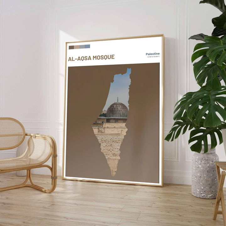Symbolic travel poster of Al Aqsa Mosque in Al Quds Palestine framed within the map outline of Palestine against a earth tone taupe background. Crafted by MapYourDreams, this artwork is available in flexible options including unframed paper, custom wooden frames, and gallery canvas wraps to suit your wall decor.