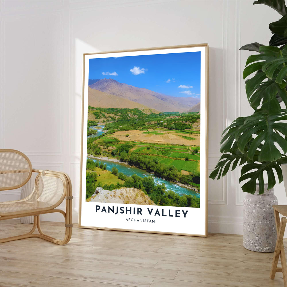 Scenic nature art print of Panjshir Valley, Afghanistan, capturing turquoise river waters, lush green foliage, and dramatic mountain slopes. Available from MapYourDreams as an unframed paper poster, a gallery-wrapped canvas print, or a custom framed wall art piece with a natural wood frame for home office spaces.
