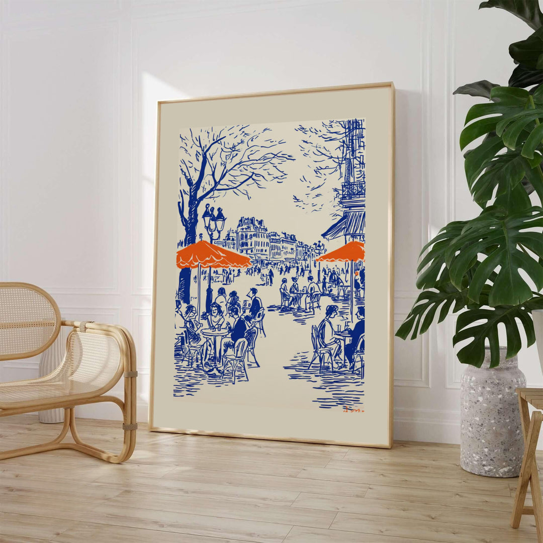 Parisian Cafe Scene Line Art Poster showing patrons under orange umbrellas at an outdoor bistro in Paris France. MapYourDreams provides framed, unframed paper, and canvas wall art options for vintage decor.