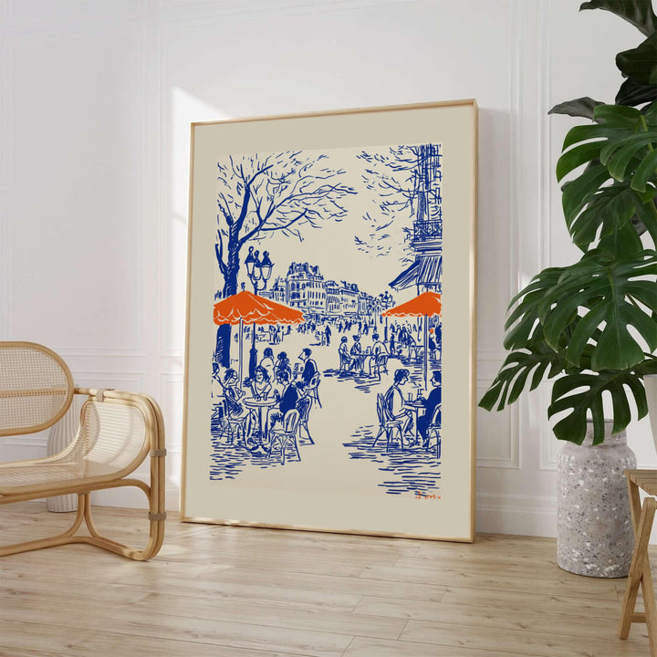 Parisian Cafe Scene Line Art Poster showing patrons under orange umbrellas at an outdoor bistro in Paris France. MapYourDreams provides framed, unframed paper, and canvas wall art options for vintage decor.