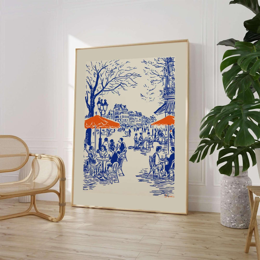 Parisian Cafe Scene Line Art Poster showing patrons under orange umbrellas at an outdoor bistro in Paris France. MapYourDreams provides framed, unframed paper, and canvas wall art options for vintage decor.