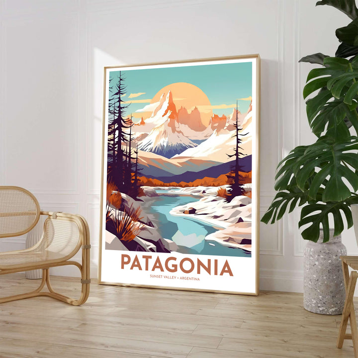 High above the river valley in Argentina, a dramatic Patagonia Mountain poster captures granite spires, tall pine silhouettes, and warm sunset hues, proudly presented by MapYourDreams across unframed paper, wooden frames, and stretched canvas options.