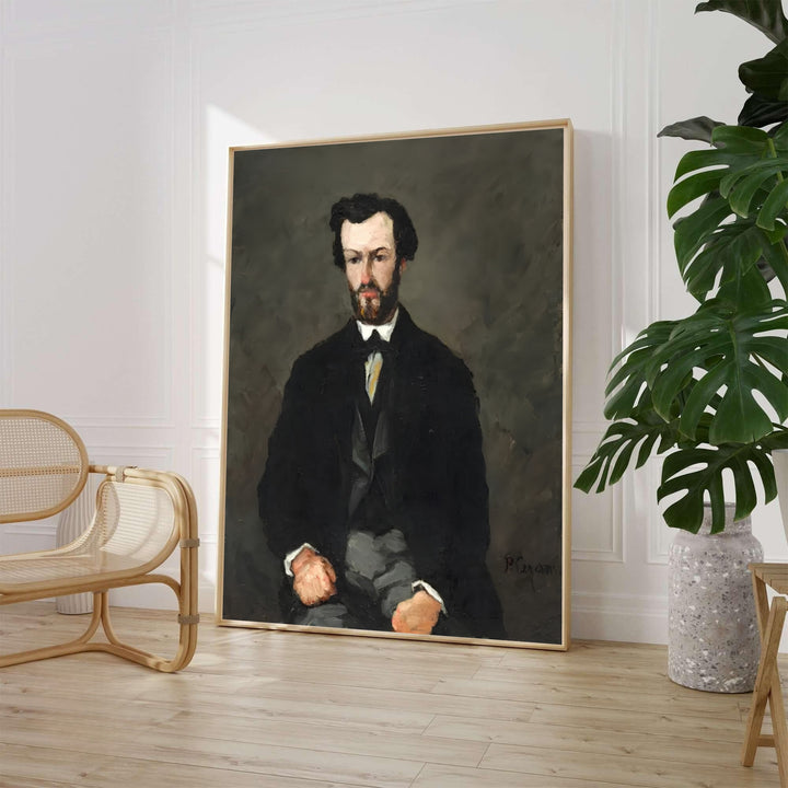Paul Cezanne Antony Valabregue 1866 fine art poster created in Aix-en-Provence France depicting a seated man in a black coat against a textured grey background. MapYourDreams provides custom framed wall art, unframed paper prints, and gallery stretched canvas wall decor options to elevate home study decor.