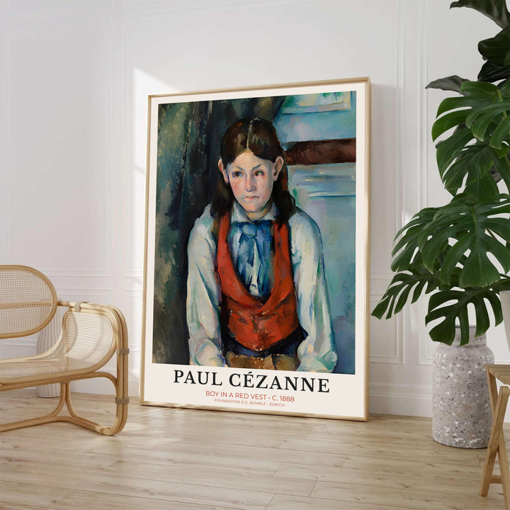 Historic Post-Impressionist museum poster print of Paul Cezanne Boy In Red Vest 1888 painted in Paris France. Choose an unframed fine art paper print, a textured gallery stretched canvas print, or custom framed wall decor directly from MapYourDreams for your living room.