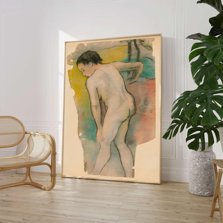 Soft pastel nude figure wall decor poster of Paul Gauguin Breton Bather 1886 created in Pont-Aven, Brittany, France displaying yellow and green fields. MapYourDreams offers elegant framed prints, unframed paper posters, and stretched canvas art prints for modern room layouts.