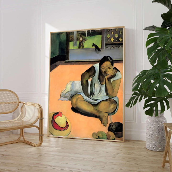 Paul Gauguin Brooding Woman Te Faaturuma 1891 fine art poster depicting a seated Tahitian woman in a veranda in Tahiti French Polynesia. MapYourDreams provides custom framed wall art, unframed paper prints, and gallery stretched canvas wall decor options to elevate home decor.