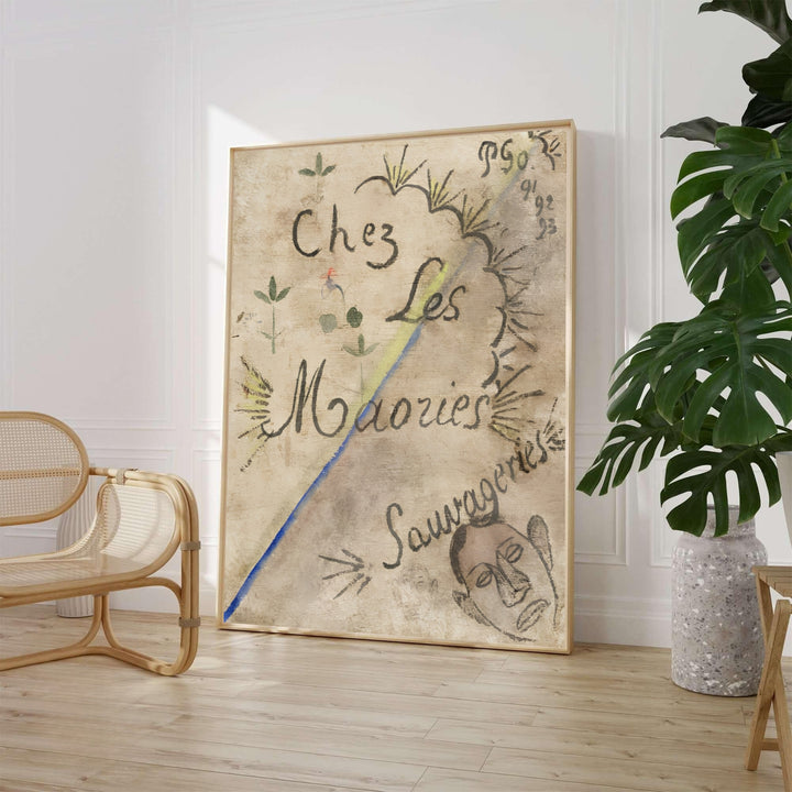 Paul Gauguin Chez Les Maories 1893 fine art poster depicting a historic Tahitian sketch created in Tahiti, French Polynesia. MapYourDreams provides custom framed wall art, unframed paper prints, and gallery stretched canvas wall decor options to elevate traditional living room interiors.