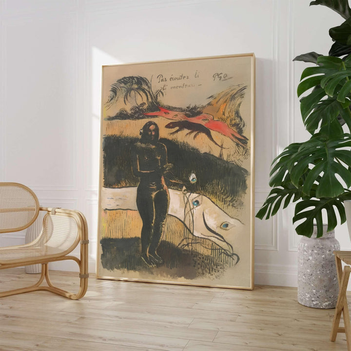 Paul Gauguin Delightful Land Nave Nave Fenua 1894 fine art poster depicting a rare Tahitian woodcut created in Tahiti, French Polynesia. MapYourDreams provides custom framed wall art, unframed paper prints, and gallery stretched canvas wall decor options to elevate traditional living room interiors.