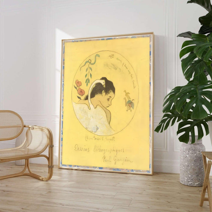 Paul Gauguin Design For A Plate 1889 fine art poster depicting a rare lithographic zincograph created in Brittany, France. MapYourDreams provides custom framed wall art, unframed paper prints, and gallery stretched canvas wall decor options to elevate classic living room interiors.
