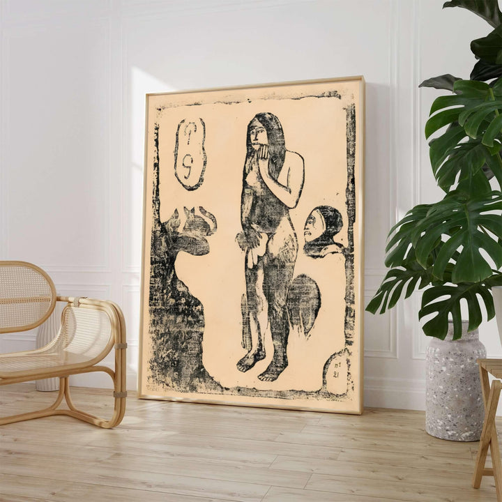 Paul Gauguin Eve Suite Of Late Woodblocks 1898 fine art poster depicting a rare monochromatic woodcut created in Tahiti, French Polynesia. MapYourDreams provides custom framed wall art, unframed paper prints, and gallery stretched canvas wall decor options to elevate minimalist living room interiors.
