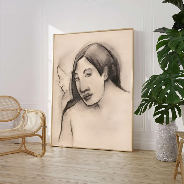 Paul Gauguin Heads Of Tahitian Women 1891 fine art poster depicting a rare charcoal sketch portrait created in Tahiti, French Polynesia. MapYourDreams provides custom framed wall art, unframed paper prints, and gallery stretched canvas wall decor options to elevate calm bedroom interiors.