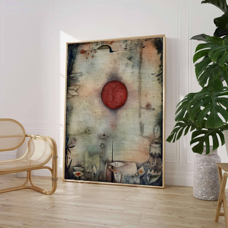 Characterized by a fiery central red orb, textured atmospheric washes, and cryptic botanical glyphs along the edges in Ad Marginem 1930, this Paul Klee poster captures the imaginative vision of the artist. Art lovers can acquire this striking wall art through MapYourDreams, where it comes in versatile formats such as delicate matte art prints, durable framed posters, and ready-to-hang canvas wraps.