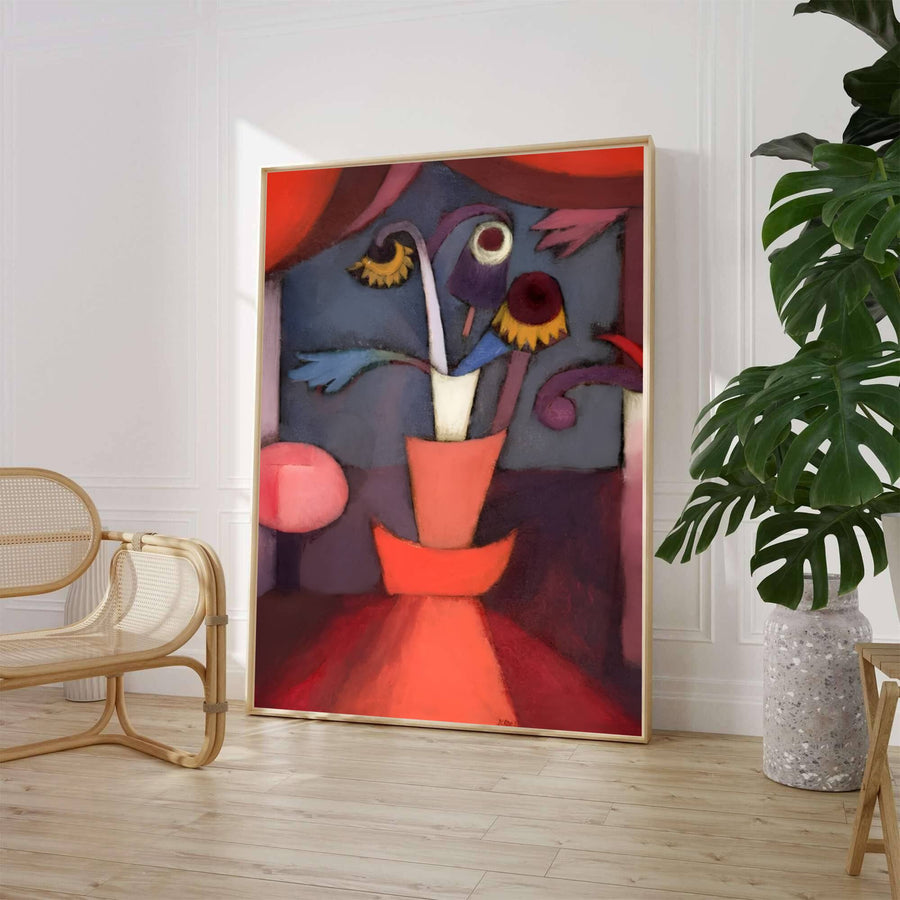 Evoking the rich, melancholic warmth of a fading season, this expressionist masterpiece highlights glowing crimson drapes and deep violet tones framing stylized floral blooms. Offered by MapYourDreams, this artwork is available in flexible options including unframed paper, custom wooden frames, and gallery canvas wraps.