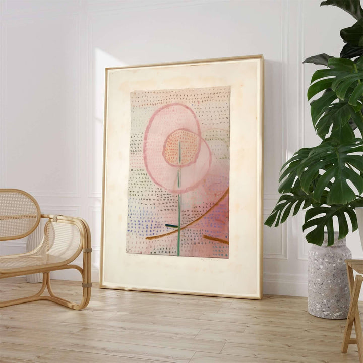 Evoking the tender awakening of spring growth, this minimalist Paul Klee Blossoming (Blühend) 1934 poster highlights gentle pastel washes and intricate dot matrices that symbolize cellular plant structures. Offered by MapYourDreams, this artwork is available in flexible options including unframed paper, custom wooden frames, and gallery canvas wraps.