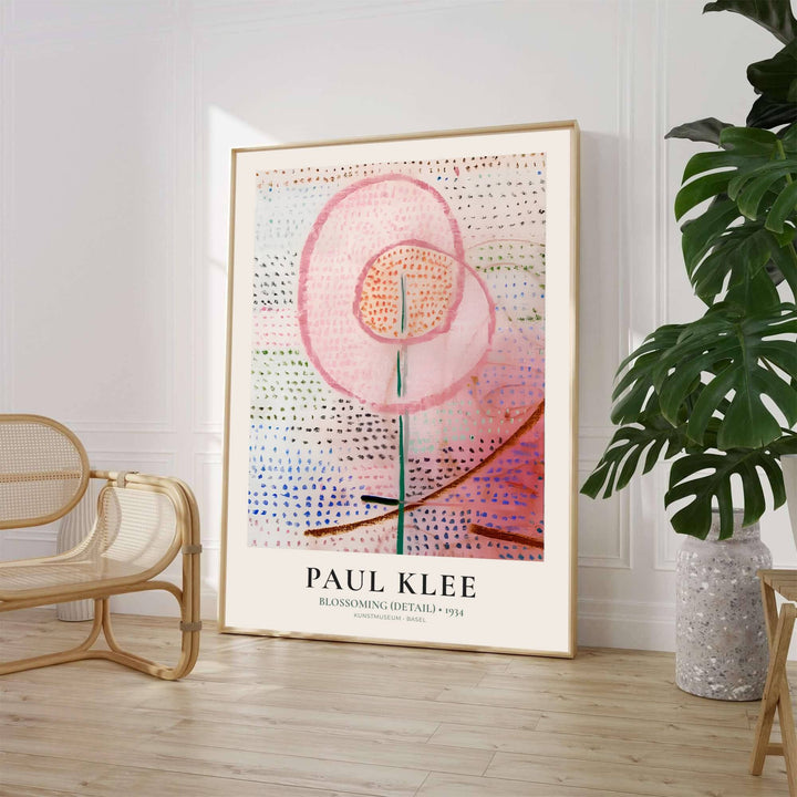 Evoking the tender awakening of spring growth featured in the Kunstmuseum Basel archives, this minimalist Paul Klee Blossoming Detail (Blühend) 1934 poster highlights gentle pastel washes and intricate dot matrices that symbolize cellular plant structures. Offered by MapYourDreams, this artwork is available in flexible options including unframed paper, custom wooden frames, and gallery canvas wraps.
