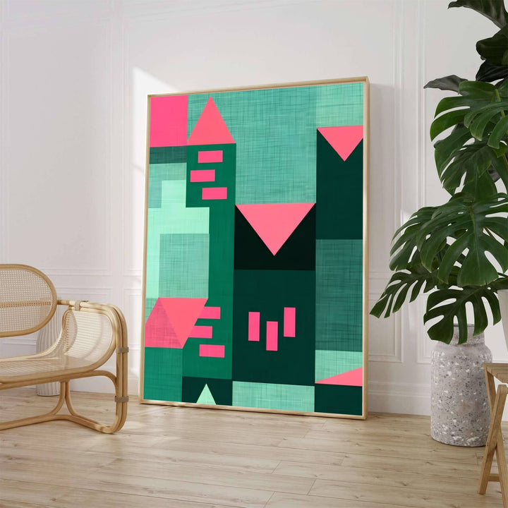 Evoking the crisp architectural lines over European urban centers celebrated during the German modernist movement, this geometric Paul Klee Emerald Architecture Art Print highlights vertical color blocks and sharp pink triangular peaks. Offered by MapYourDreams, this artwork is available in flexible options including unframed paper, custom wooden frames, and gallery canvas wraps.