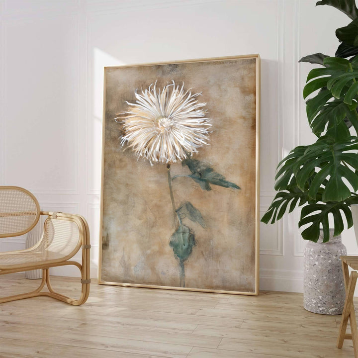Characterized by muted earth tones, delicate white petal linework, and soft sepia background washes, this Piet Mondrian Chrysanthemum print captures the early realist mastery of the legendary artist. Art lovers can acquire this striking wall decor through MapYourDreams, where it comes in versatile formats such as delicate matte art prints, durable framed posters, and ready-to-hang canvas wraps.