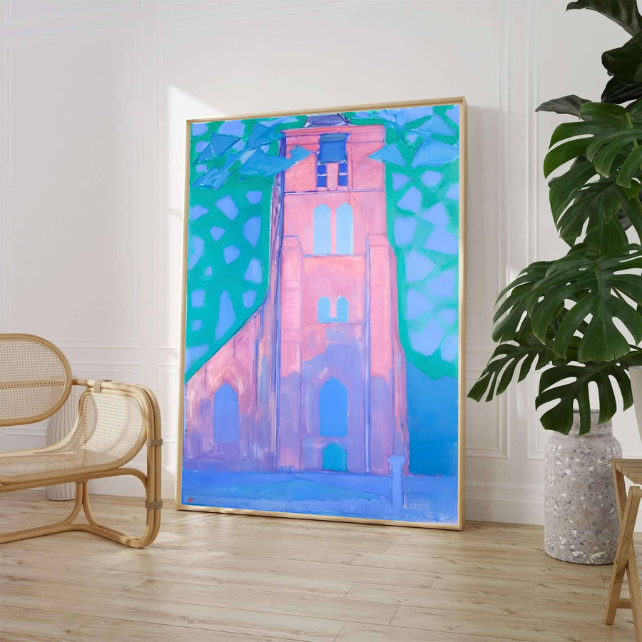 Characterized by radiant rose pink masonry, deep blue shadows, and electric teal accents, this Piet Mondrian Church Tower At Domburg poster captures the revolutionary transition of the legendary artist toward abstraction. Art lovers can acquire this striking wall art through MapYourDreams, where it comes in versatile formats such as delicate matte art prints, durable framed posters, and ready-to-hang canvas wraps.