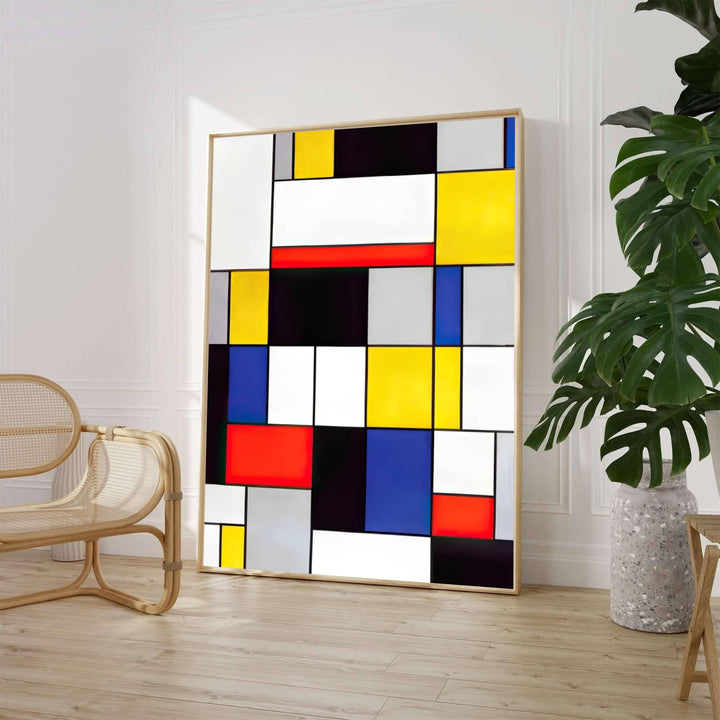 Characterized by vibrant primary red, yellow, and blue rectangles balanced against neutral white and gray planes, this Piet Mondrian Composition A poster captures the revolutionary abstract vision of the legendary De Stijl movement. Art lovers can acquire this striking wall art through MapYourDreams, where it comes in versatile formats such as delicate matte art prints, durable framed posters, and ready-to-hang canvas wraps.