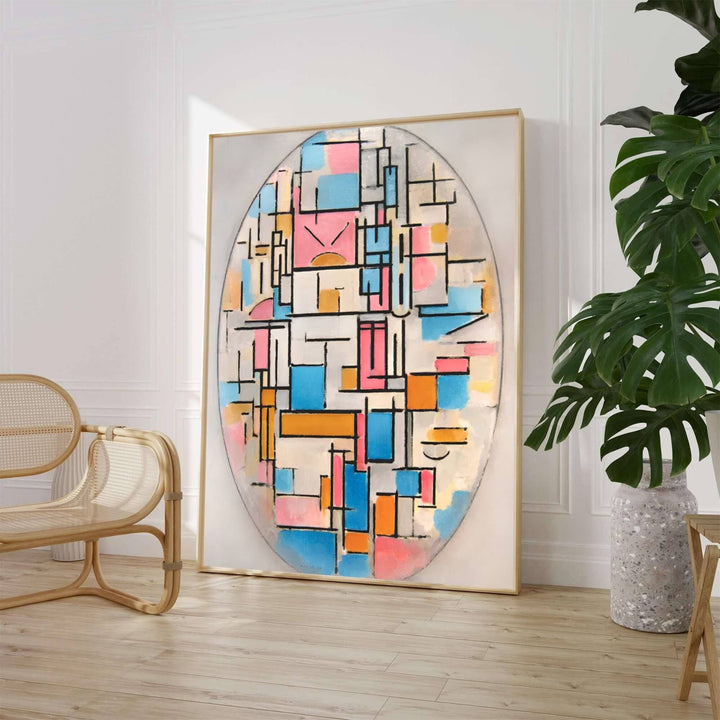Characterized by soft pinks, gentle blues, warm ochres, and pale gray background washes, this Piet Mondrian Composition In Oval With Color Planes 1914 poster captures the revolutionary transition of the legendary artist toward pure abstraction. Art lovers can acquire this striking wall art through MapYourDreams, where it comes in versatile formats such as delicate matte art prints, durable framed posters, and ready-to-hang canvas wraps.