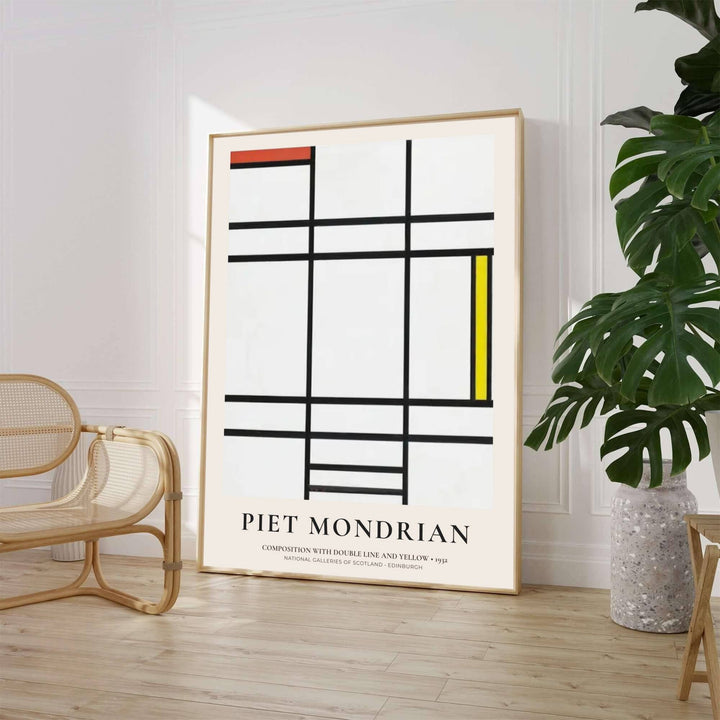 Characterized by crisp museum exhibition typography, double black grid lines, a vibrant yellow block, and expansive planes of pristine white, this Piet Mondrian Composition With Double Line And Yellow 1932 poster captures the revolutionary abstract vision of the legendary De Stijl movement. Art lovers can acquire this striking wall art through MapYourDreams, where it comes in versatile formats such as delicate matte art prints, durable framed posters, and ready-to-hang canvas wraps.