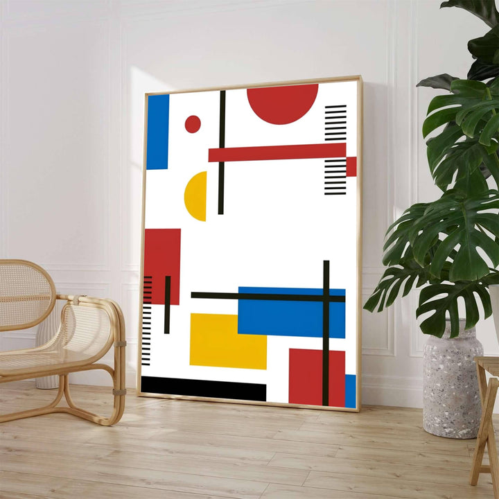 Characterized by vibrant primary red, sunny yellow, and deep blue blocks balanced against crisp white planes and architectural hatching, this dynamic Piet Mondrian geometric print captures the playful spirit of modernist abstraction. Art lovers can acquire this striking wall art through MapYourDreams, where it comes in versatile formats such as delicate matte art prints, durable framed posters, and ready-to-hang canvas wraps.