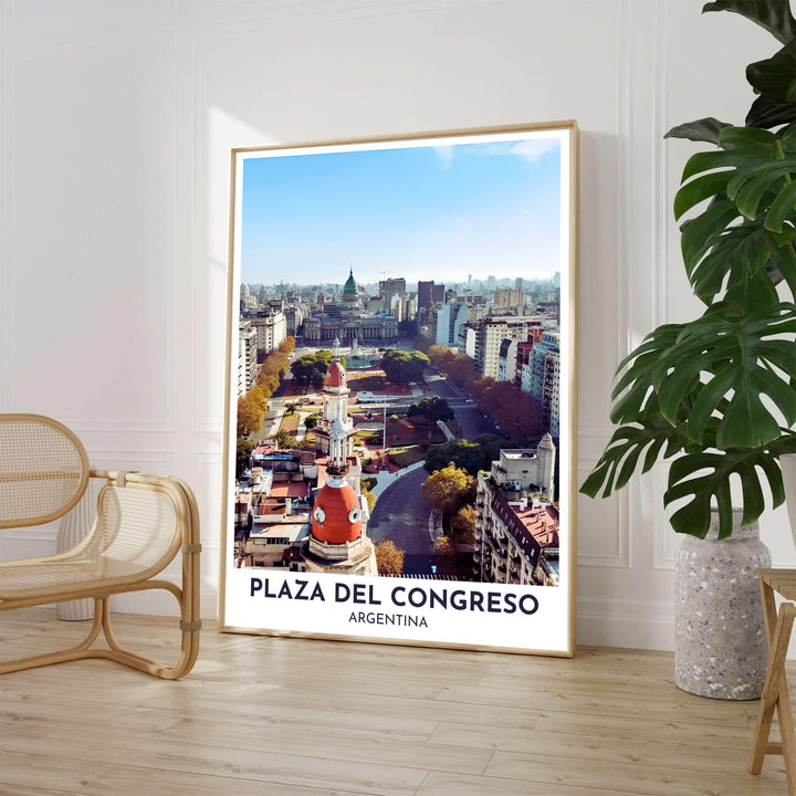 High above the bustling streets of Buenos Aires, a breathtaking Plaza del Congreso poster captures Parisian-style architecture, autumn trees, and distant city domes, proudly presented by MapYourDreams across fine art paper, solid wood frames, and stretched canvas options.